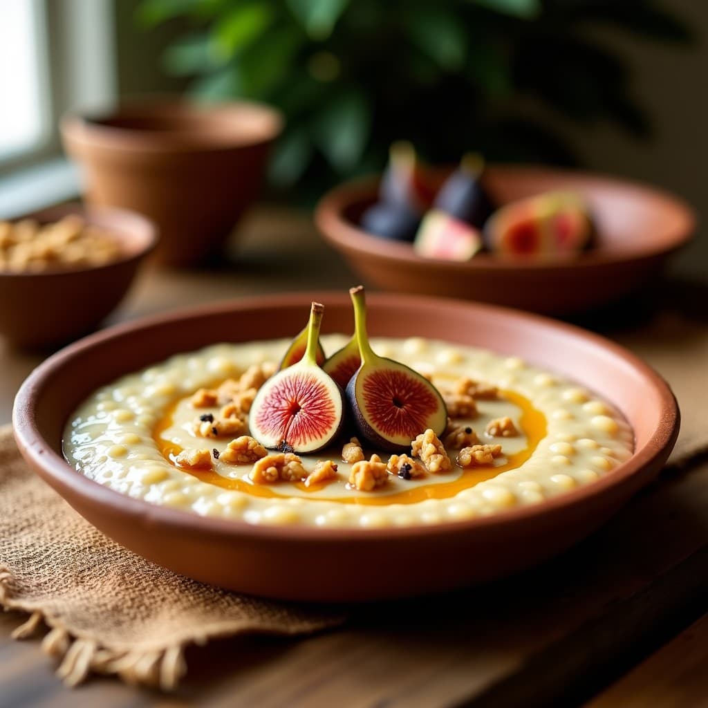 Bol de barro rústico con porridge de mijo cremoso, bañado en leche de almendras, coronado con higos frescos en trozos, nueces picadas y un hilo de miel de agave, sobre una mesa de madera con telas africanas de fondo.