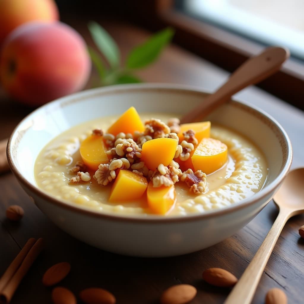 Bol de cerámica blanca con porridge de mijo cremoso, cubierto de compota de melocotón dorado y nueces picadas, servido sobre una mesa de madera con una cuchara de madera. Desayuno sin gluten y sin azúcar.