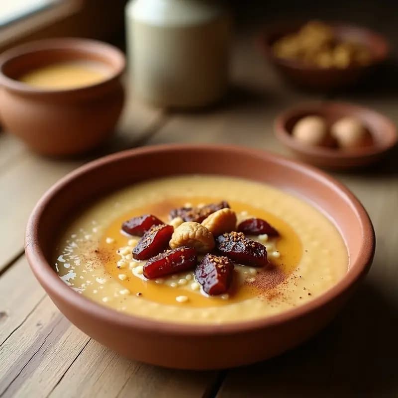 Bol de barro con porridge de mijo cremoso, bañado en leche de camella, coronado con dátiles picados, nueces y semillas de sésamo tostadas. Fondo rústico con texturas desérticas y un toque de canela espolvoreada.