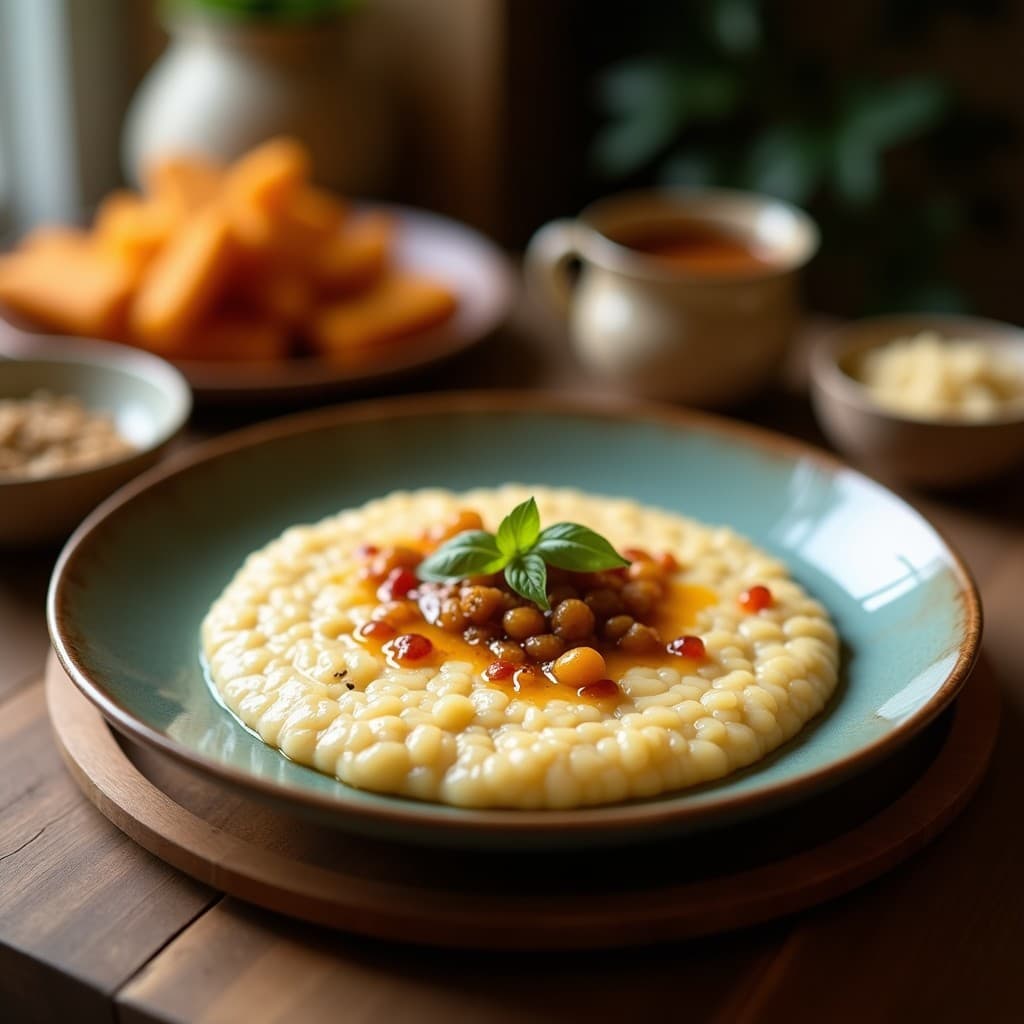 Bol de cerámica oscura con porridge de mijo negro cremoso, decorado con almendras fileteadas, coco rallado y un hilo de leche de coco. Fondo rústico con especias y semillas dispersas, resaltando el desayuno africano keto.