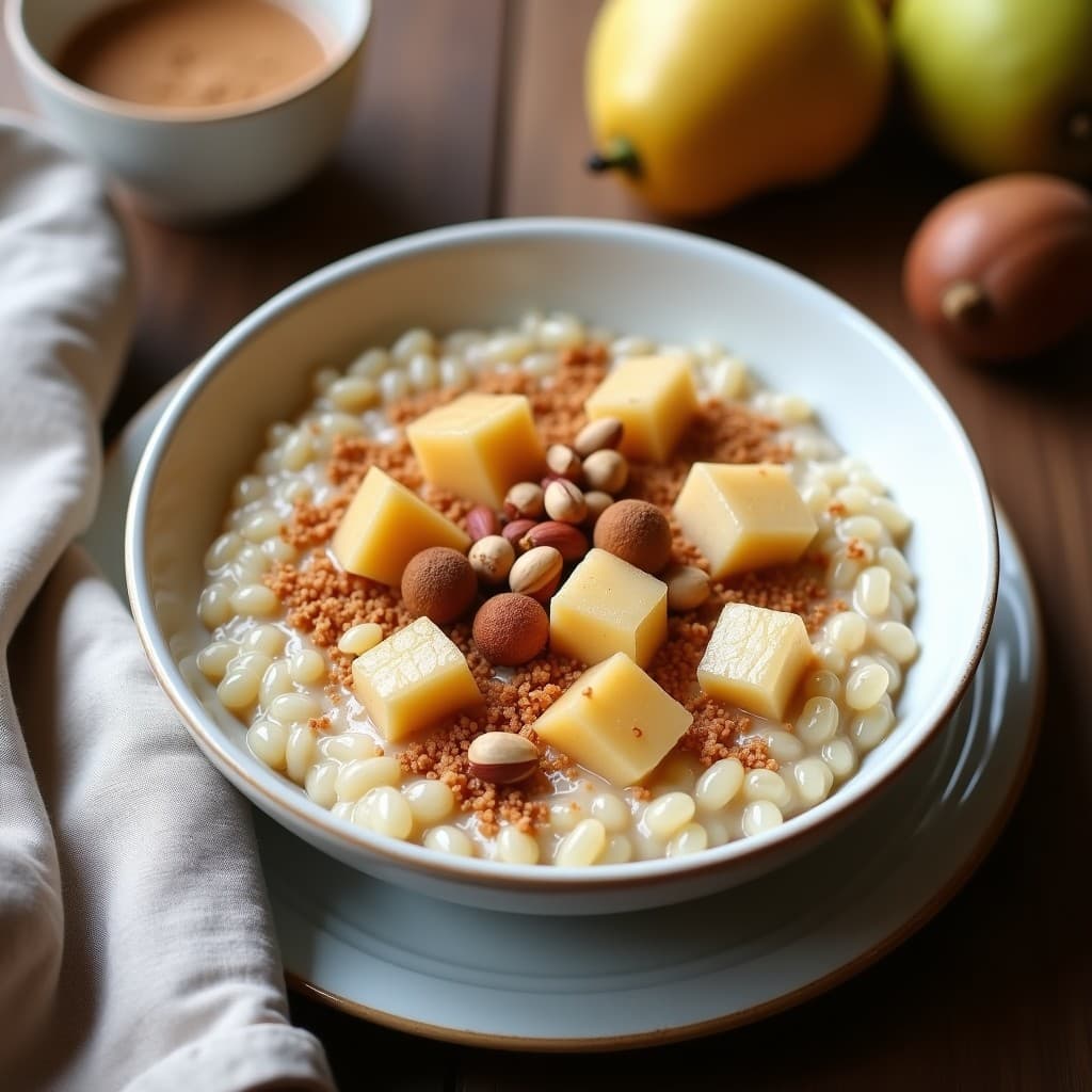 Bol de cerámica blanca con porridge de quinoa cremoso, cubierto de peras asadas doradas, avellanas tostadas picadas y un espolvoreado de canela. Plato de desayuno keto sin lácteos sobre fondo de madera rústica.