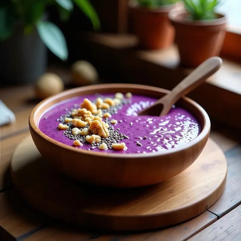 Bol de porridge cremoso de quinoa con puré de boniato morado, decorado con semillas de chía y nueces troceadas, servido con una cuchara de madera sobre fondo rústico de madera.