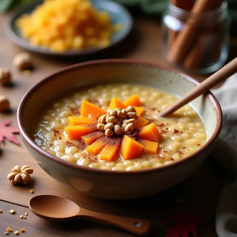 Bol hondo de barro con porridge cremoso de quinoa y calabaza, espolvoreado con canela y nueces troceadas. Fondo rústico con hojas otoñales y una cuchara de madera.
