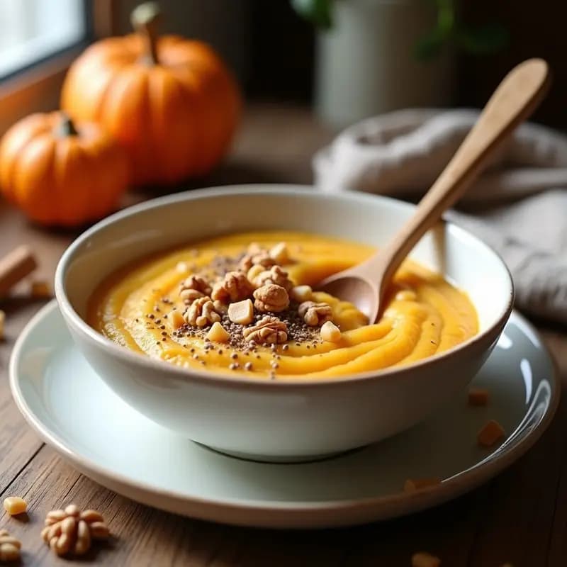 Bol de cerámica blanca con porridge de quinoa cremoso, puré de calabaza naranja y canela espolvoreada, decorado con nueces picadas y semillas de chía, desayuno sin gluten y energético.