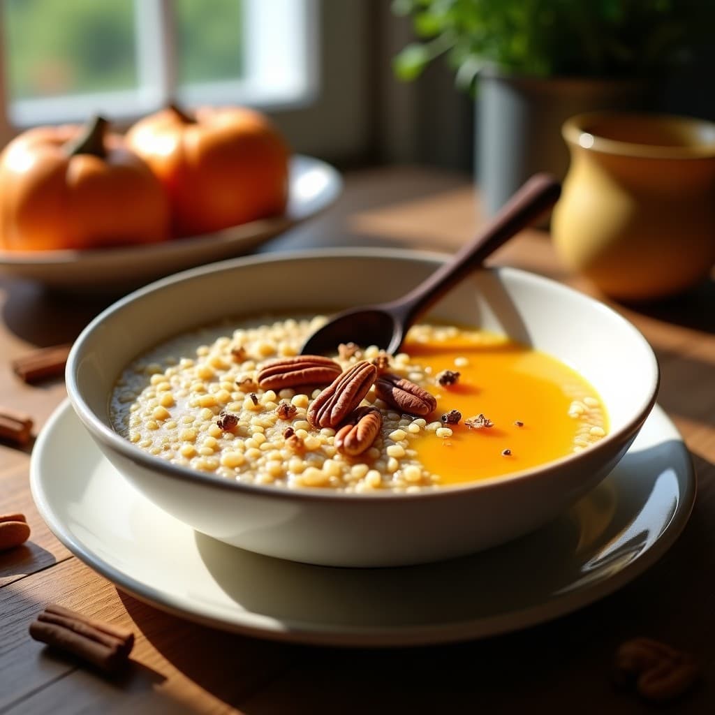 Bol de cerámica blanca con porridge de quinoa cremoso, puré de calabaza naranja y especias chai espolvoreadas. Decorado con nueces pecanas tostadas y un hilo de sirope de arce. Fondo rústico de madera con una cuchara de madera y hojas de canela al lado. Desayuno sin lactosa y alto en fibra.