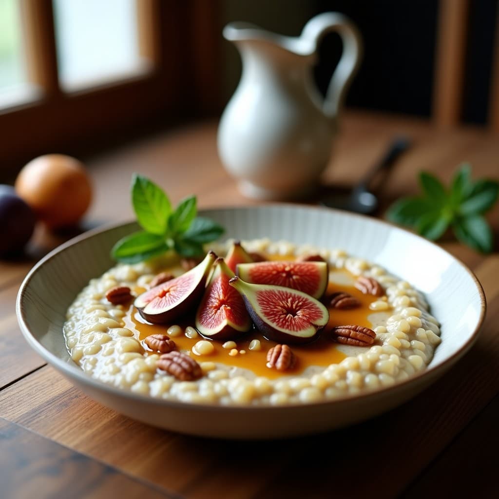 Bol de cerámica blanca con porridge de quinoa cremoso y dorado, espolvoreado con cardamomo, cubierto con compota de higos brillantes y nueces pecanas tostadas. Fondo rústico con cuchara de madera y hojas de menta fresca.