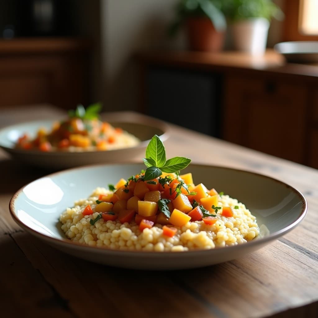 Bol de barro con porridge de quinoa cremoso, espolvoreado con semillas de chía y nueces pecanas, acompañado de compota de peras doradas y un toque de cardamomo. Desayuno vegano sin gluten en olla exprés.