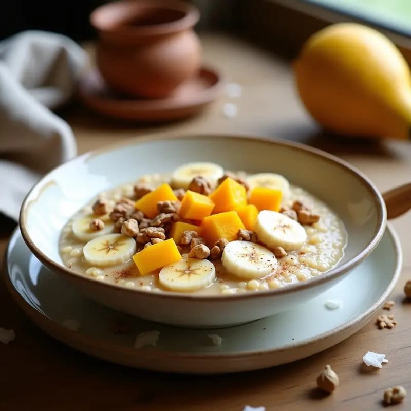 Bol hondo de cerámica blanca con porridge cremoso de quinoa y cardamomo, decorado con rodajas de plátano, trozos de mango, nueces picadas y coco rallado. Fondo rústico con cucharita de madera y semillas de cardamomo esparcidas.