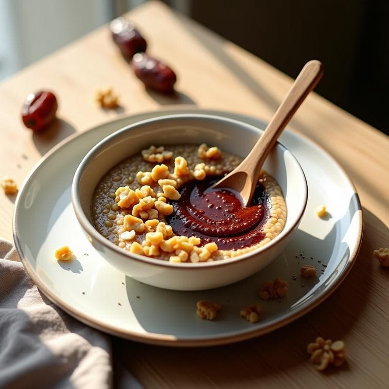 Bol de barro con porridge de quinoa cremoso, coronado con puré de dátiles brillante y nueces tostadas doradas. Textura espesa con semillas de chía visibles y un toque de canela espolvoreada. Desayuno sin gluten y energético en un fondo rústico de madera.