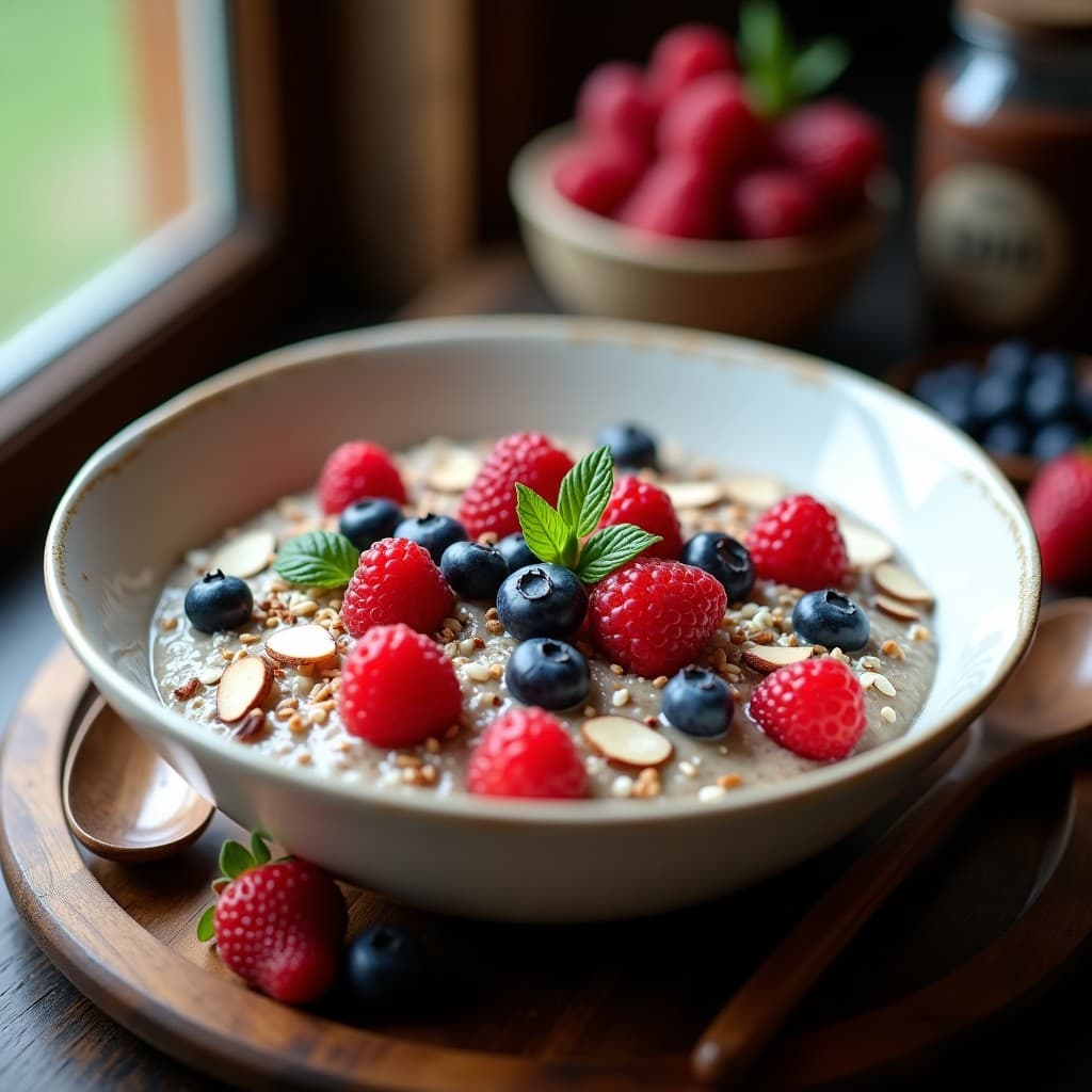 Bol de cerámica blanca con porridge de quinoa cremoso, coronado con frutos rojos frescos, semillas de chía, coco rallado y almendras fileteadas. Fondo de mesa de madera rústica con una cuchara de madera y hojas de menta.