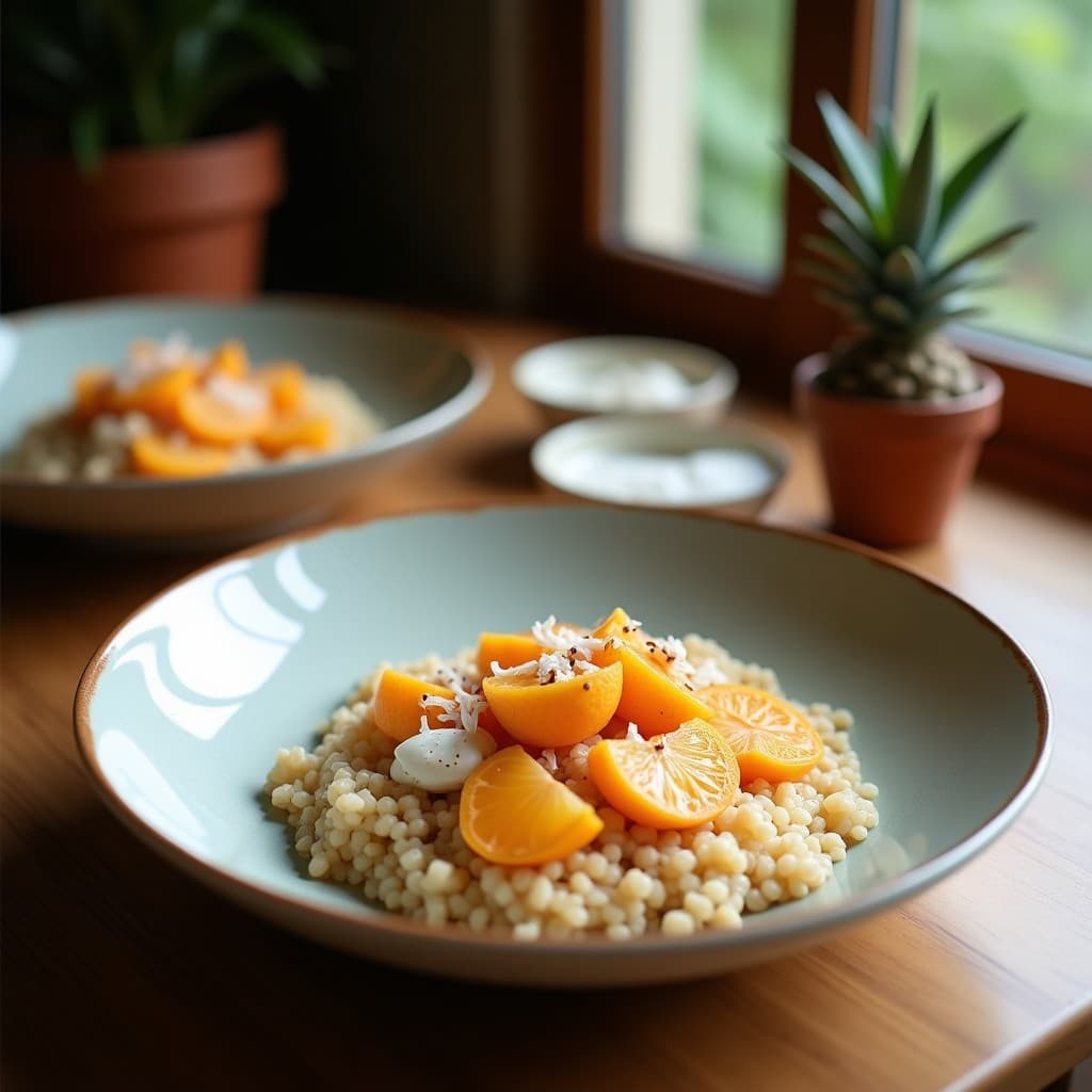 Bowl de porcelana blanca con porridge cremoso de quinoa, puré de guayaba de color rosado y coco rallado espolvoreado por encima, acompañado de semillas de chía. Desayuno tropical sin gluten sobre fondo de madera clara.