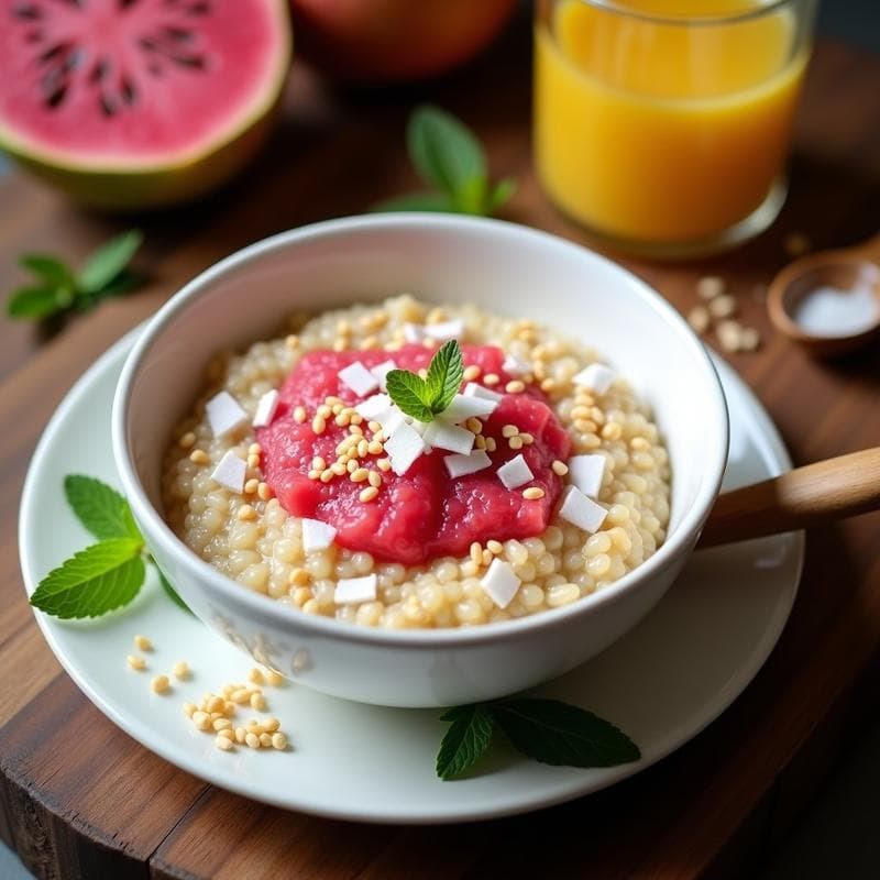 Bol hondo de cerámica blanca con porridge de quinoa cremoso, cubierto de compota de guayaba dorada y espolvoreado con coco rallado, semillas de chía y nueces picadas. Fondo rústico con cucharita de madera y canela en polvo.