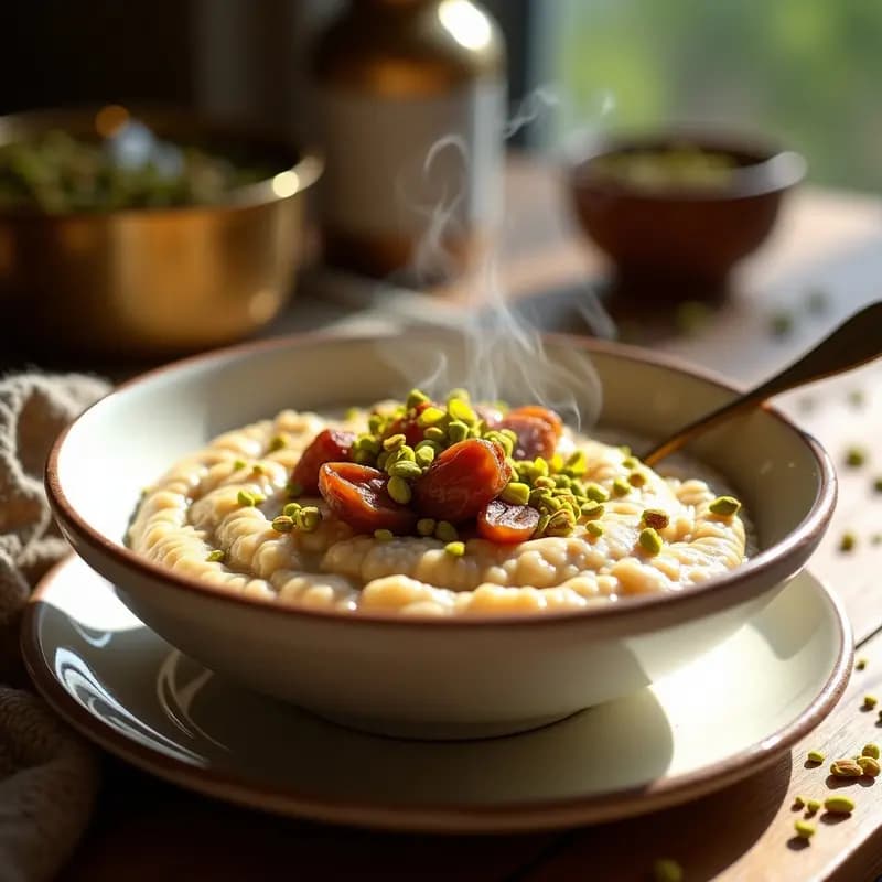 Bol de cerámica blanca con porridge de quinoa cremoso, coronado con dátiles medjool en láminas, semillas de sésamo tostadas y pistachos picados. Fondo con textura de madera y taza de té árabe al lado.