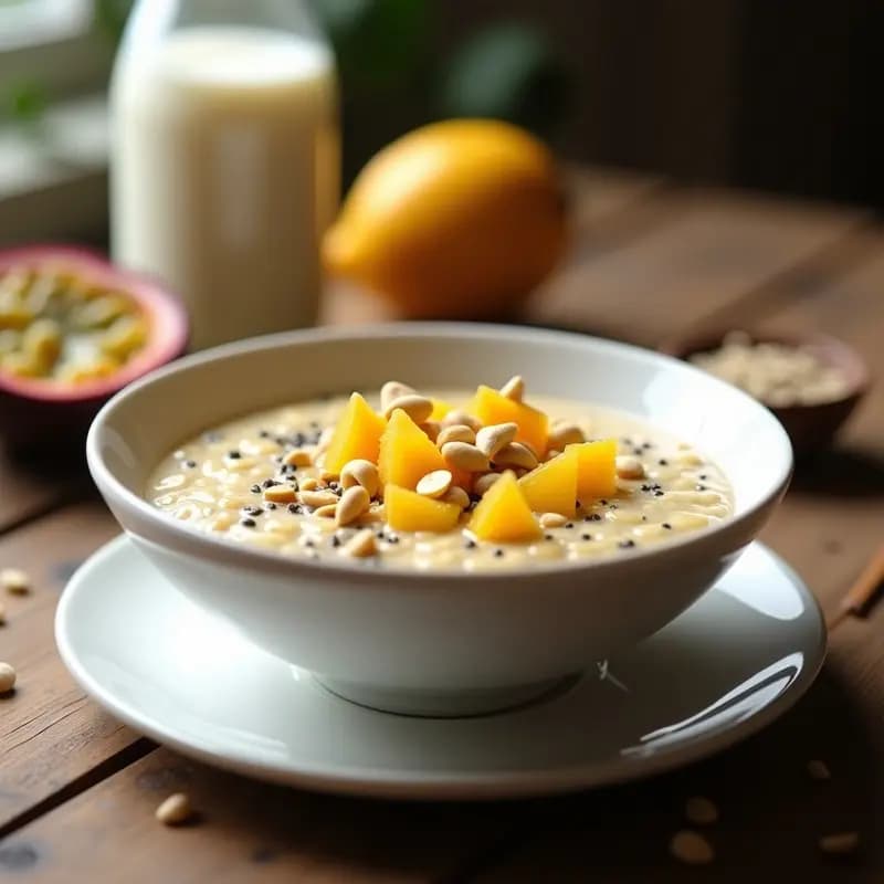 Bol de cerámica blanca con porridge cremoso de quinoa y leche de anacardos, decorado con semillas de chía, trozos de anacardo y pulpa de granadilla amarilla. Fondos borrosos de cocina con ingredientes naturales.