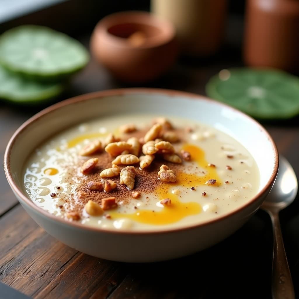 Bol de cerámica blanca con porridge de quinoa cremoso, leche de cáctus y canela, decorado con nueces picadas y un espiral de miel de agave sobre fondo rústico de madera.