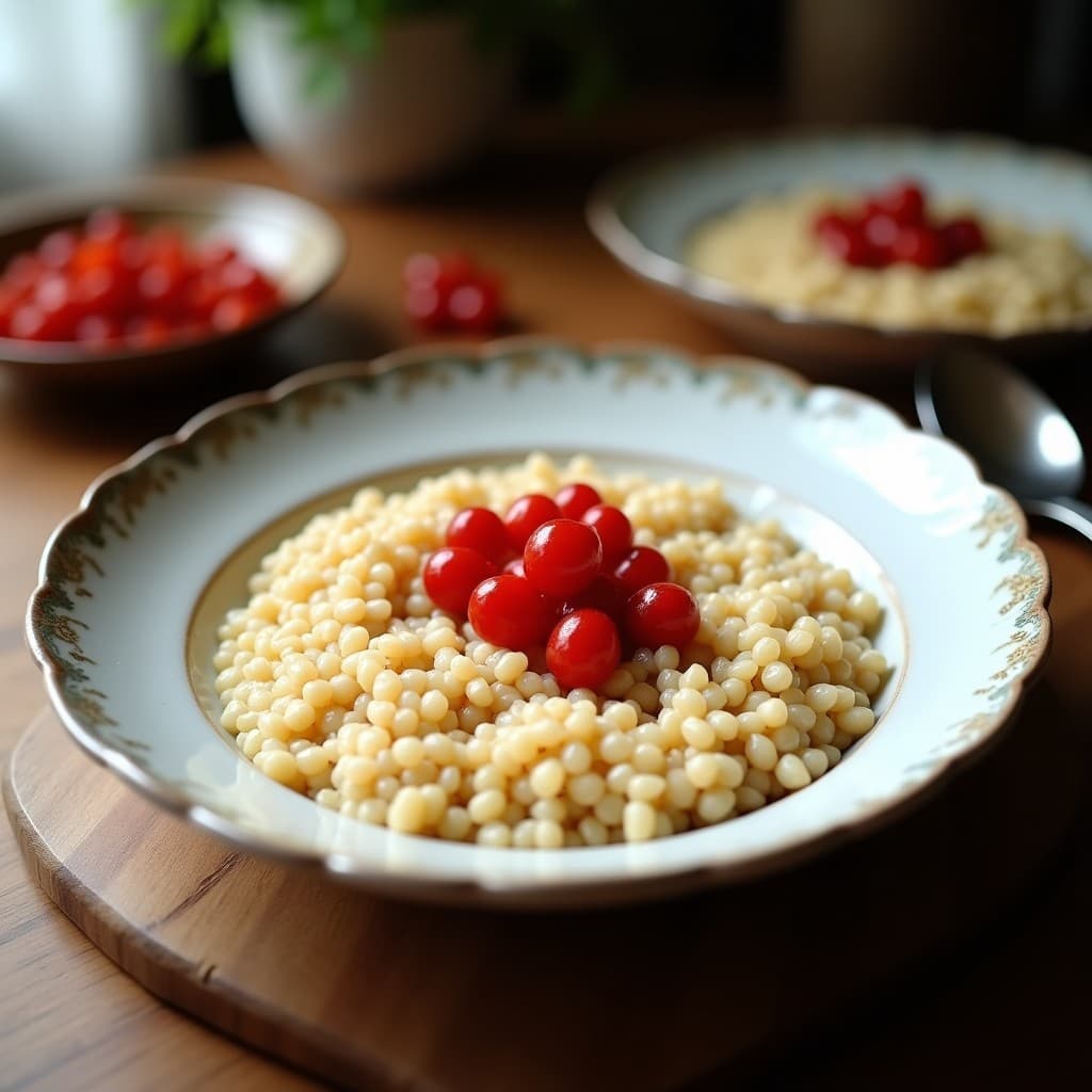 Bol de cerámica blanca con porridge de quinoa cremoso, leche de coco y moras de goji remojadas. Decorado con almendras tostadas, coco rallado y un toque de canela. Fondo rústico con texturas de madera y luz natural.