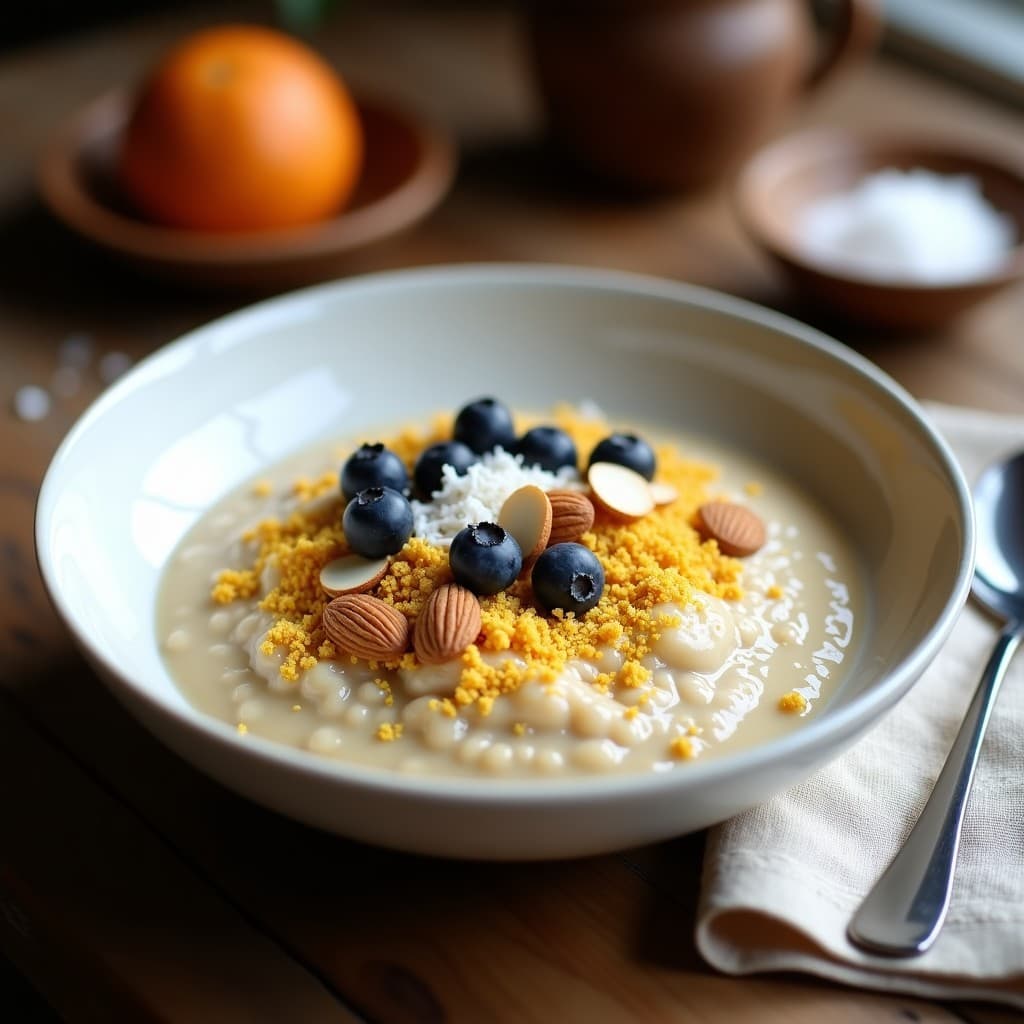 Bol de cerámica blanca con porridge de quinoa cremoso, espolvoreado con polvo de lúcuma, almendras fileteadas, coco rallado y arándanos frescos. Desayuno andino alto en energía sobre fondo rústico de madera.