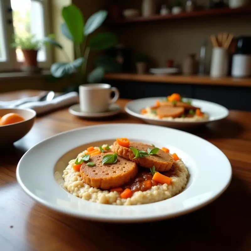 Bol de cerámica blanca con porridge de quinoa cremoso, coronado con gajos de pera asada dorada, nueces troceadas y un espolvoreado de canela, fondo rústico de madera con una cuchara de madera.