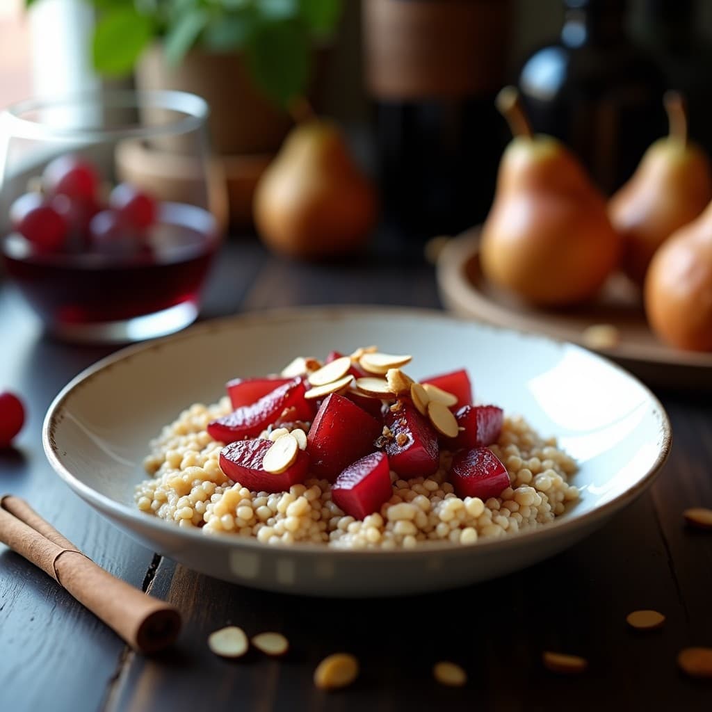 Cuenco de cerámica blanca con porridge cremoso de quinoa, trozos de pera caramelizada en vino tinto, espolvoreado con almendras fileteadas y un hilo de miel, sobre fondo rústico de madera con una rama de canela al lado.