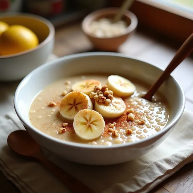 Bol de cerámica blanca con porridge cremoso de quinoa, decorado con rodajas de plátano dorado, semillas de chía tostadas, nueces pecanas picadas y un espolvoreado de canela. Fondos de hojas de stevia y un trozo de quinoa tostada como detalle rústico.