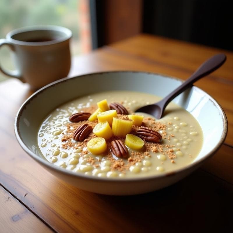 Tazón de porridge cremoso de quinoa y plátano macho con canela, decorado con nueces pecanas y coco rallado, desayuno keto y sin lactosa.