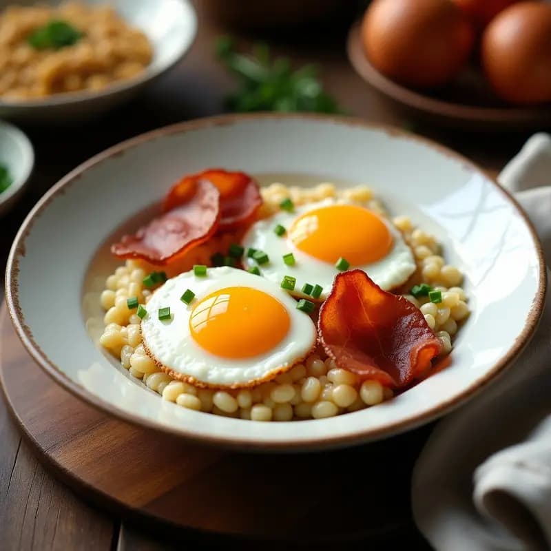 Cuenco hondo de cerámica blanca con porridge de quinoa cremoso, coronado por lonchas doradas y crujientes de prosciutto, un huevo poché con yema líquida brillante, espolvoreado con perejil fresco y queso parmesano rallado. Fondo rústico con servilleta de lino y cucharón de madera.