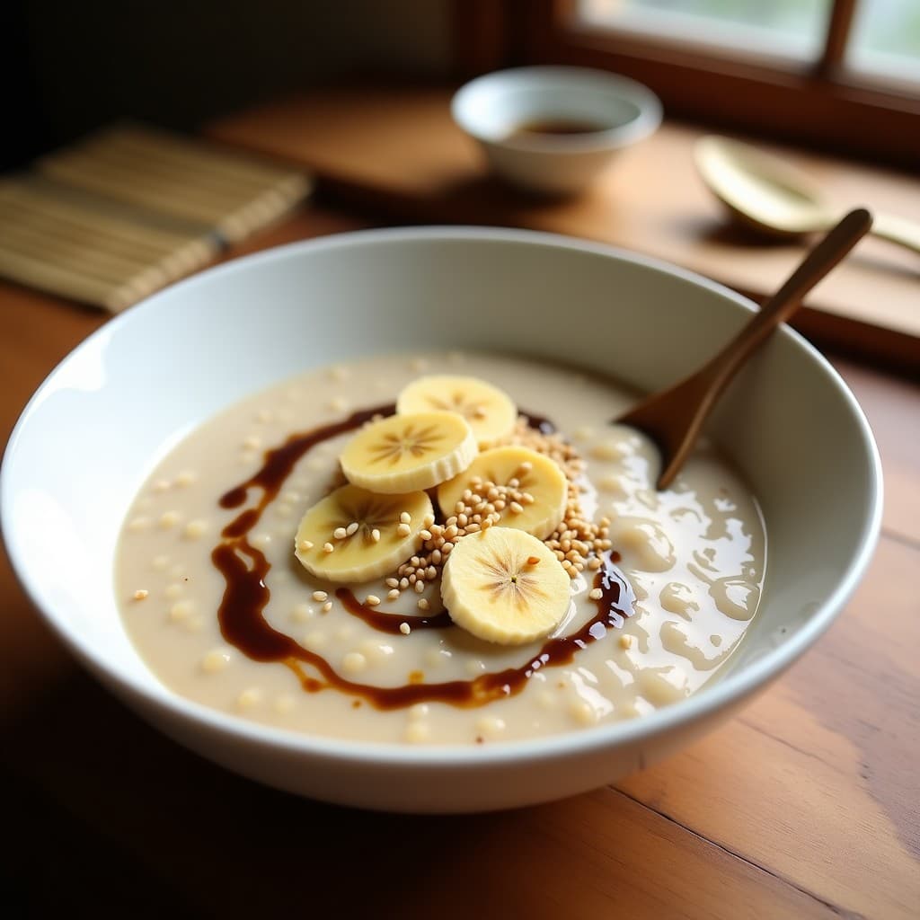 Bol hondo de cerámica negra con porridge de quinoa cremoso, pasta de sésamo negro y rodajas de plátano maduro. Espolvoreado con semillas de sésamo tostadas y canela, servido sobre una mesa de madera con una cuchara de madera y un paño japonés a un lado.