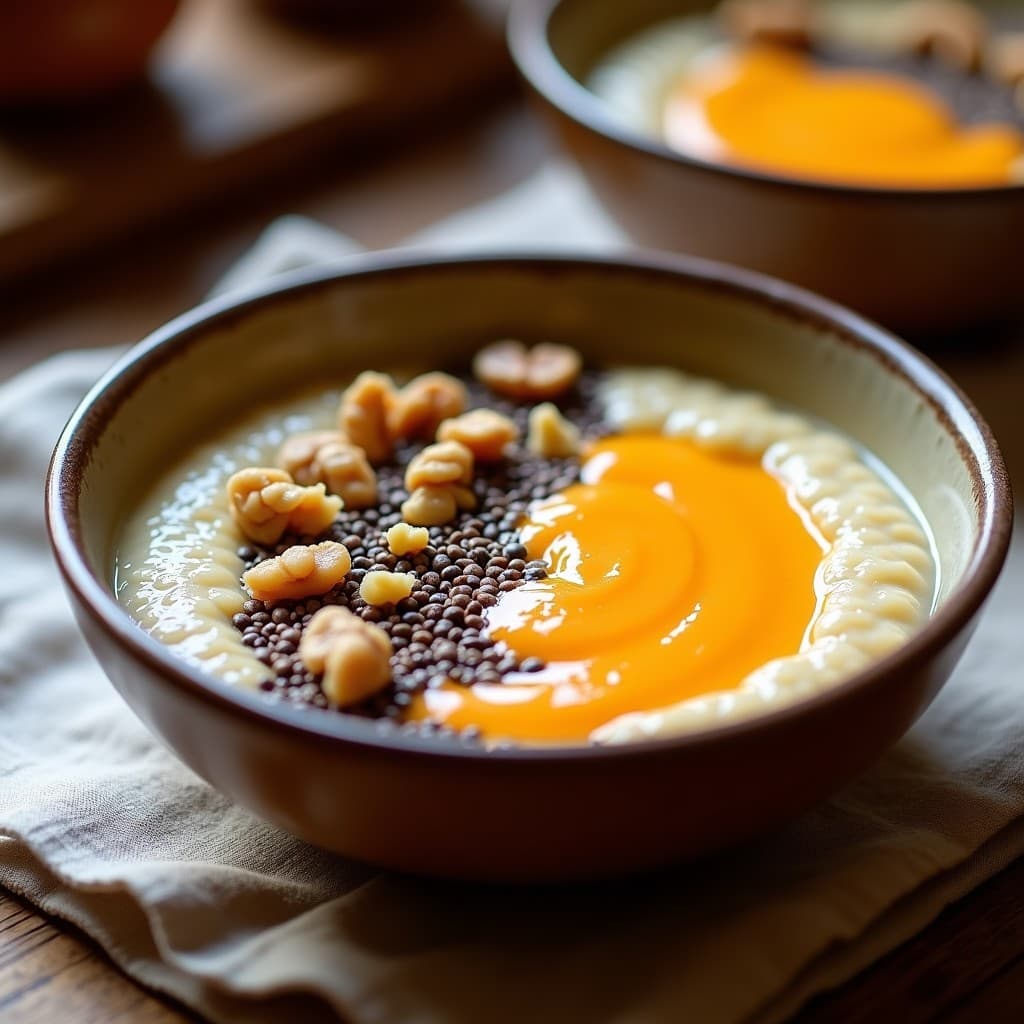 Bol hondo de barro con porridge de quinoa cremoso, cubierto con puré de tamarillo de color naranja intenso, semillas de chía negras y nueces picadas. Fondos neutros con textura rústica, desayuno keto y sin lactosa.
