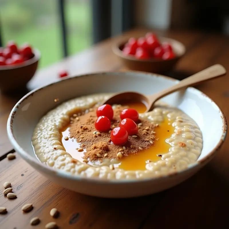 Bol de cerámica blanca con porridge cremoso de semillas de cáñamo y bayas de goji, decorado con un hilo de miel y un toque de canela. Fondo rústico con una cuchara de madera y semillas de cáñamo esparcidas.