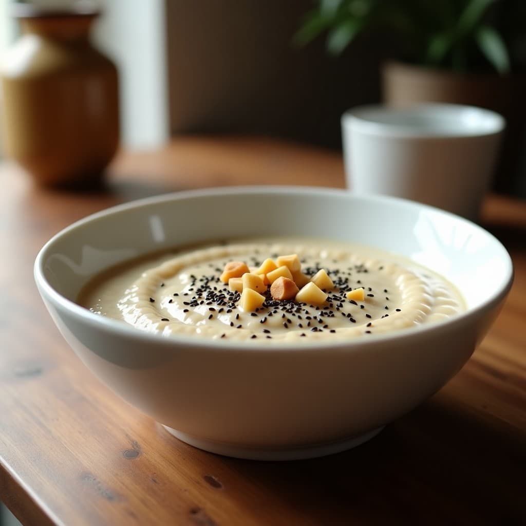 Bol hondo de cerámica blanca con porridge cremoso de semillas de cardo y leche de sésamo, decorado con semillas de sésamo negro y nueces de macadamia picadas, sobre una mesa de madera rústica con un fondo desvanecido.