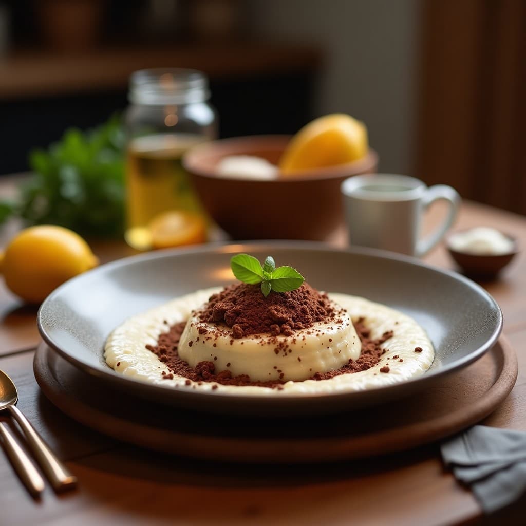 Bol de cerámica blanca con porridge espeso de color marrón oscuro, decorado con rodajas de plátano, nueces pecanas y coco rallado, sobre un fondo de madera rústica. Receta de porridge de semillas de lino y cacao con plátano, desayuno keto y alta en fibra.