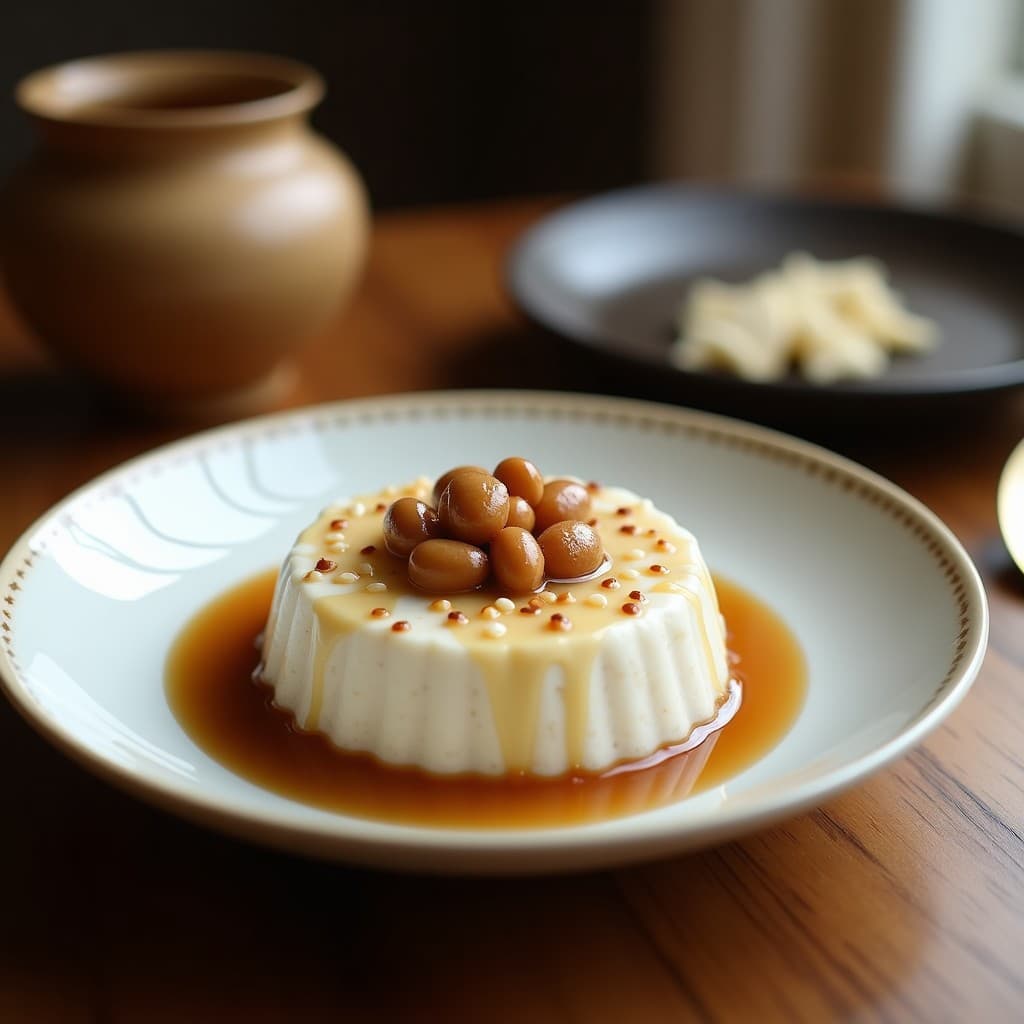 Cuenco de cerámica blanca con porridge cremoso de semillas de loto, decorado con coco rallado, almendras fileteadas y un hilo de jarabe de arce. Fondo rústico con textura de madera y utensilios de cocina tradicionales chinos.