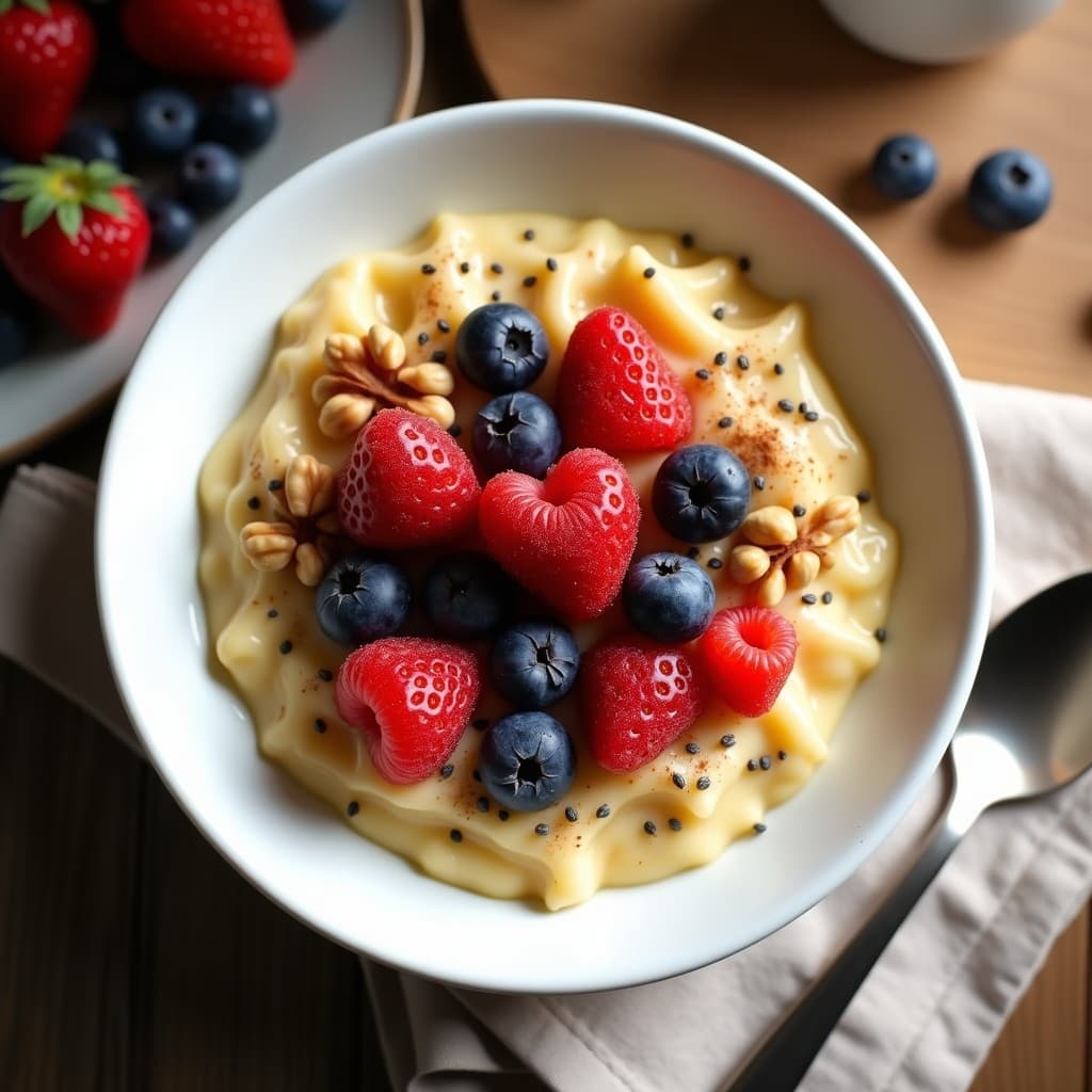 Bol de cerámica blanca con porridge cremoso de sémola de maíz y leche de soja, decorado con frutos rojos frescos, semillas de chía y nueces picadas, sobre una mesa de madera rústica con una cuchara de madera.