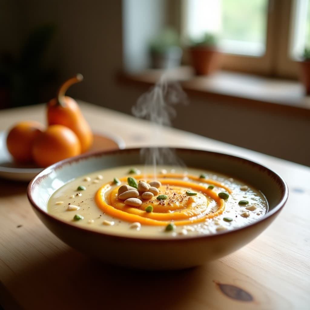 Cuenco de barro con porridge de teff cremoso, coronado por un puré de calabaza butternut dorado y semillas de cardamomo. Acompañado de nueces de macadamia tostadas, sobre un fondo rústico de madera clara.