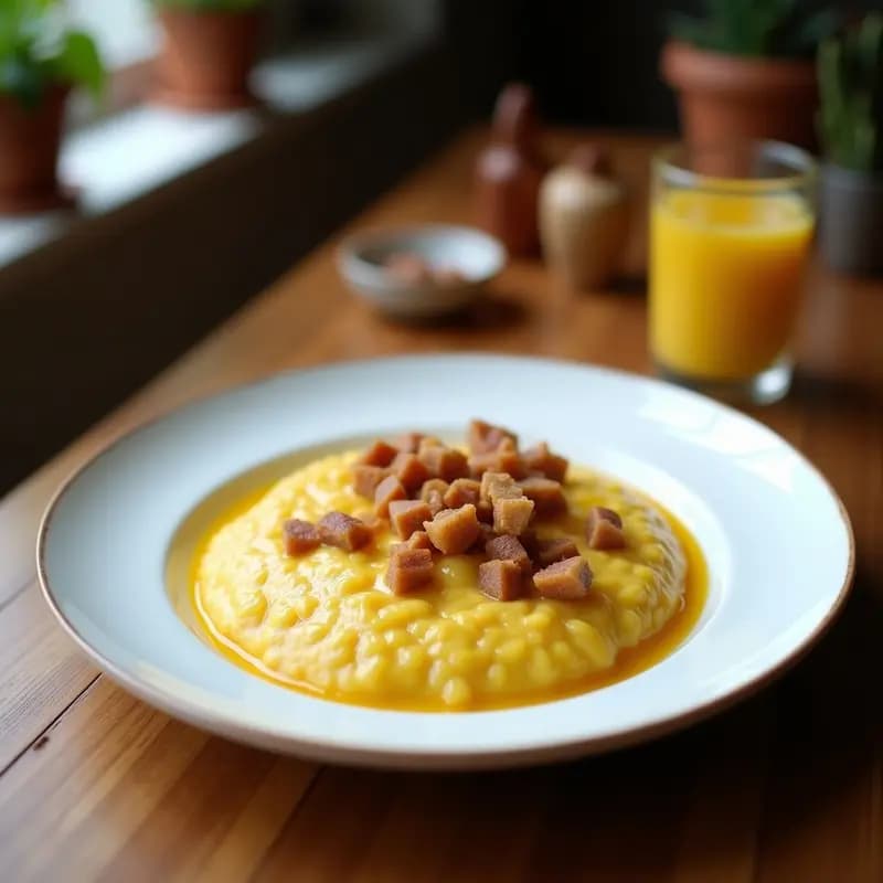 Bol de porcelana blanco con porridge de teff cremoso, espolvoreado con canela, puré de maracuyá amarillo brillante en el centro y nueces picadas por encima. Fondo de madera rústica con una cuchara de madera.
