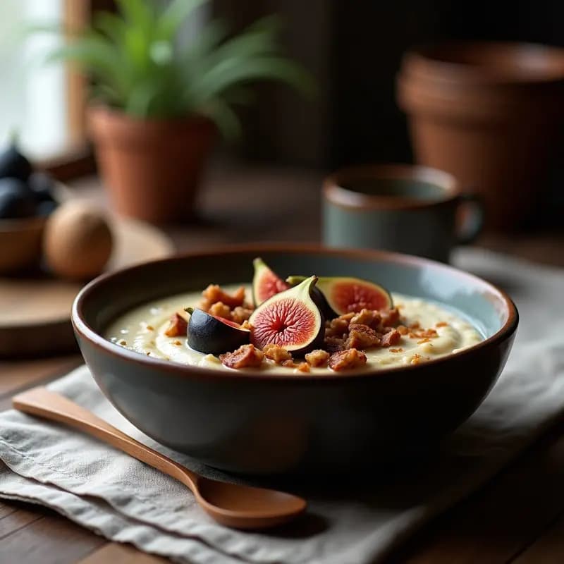 Bol de cerámica negra con porridge de teff cremoso, cubierto de compota de higos dorados, nueces pecanas troceadas y un hilo de miel de agave. Fondo rústico con especias de canela y jengibre.