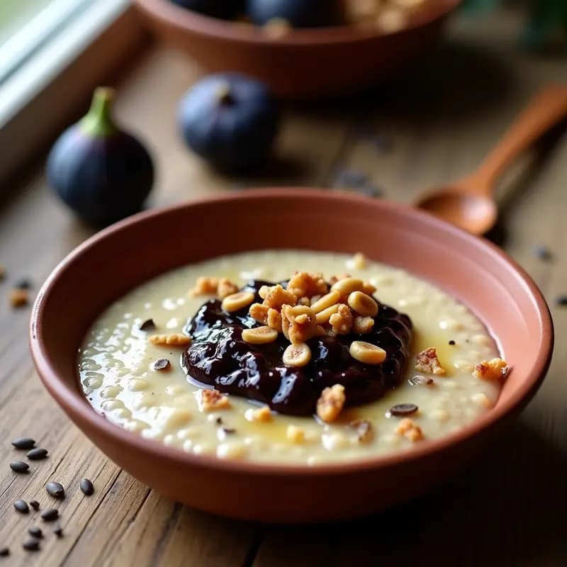 Bol de barro con porridge de teff cremoso, cubierto con compota de higos negros brillantes y nueces picadas tostadas. Fondo rústico con cucharón de madera y semillas de chía esparcidas.