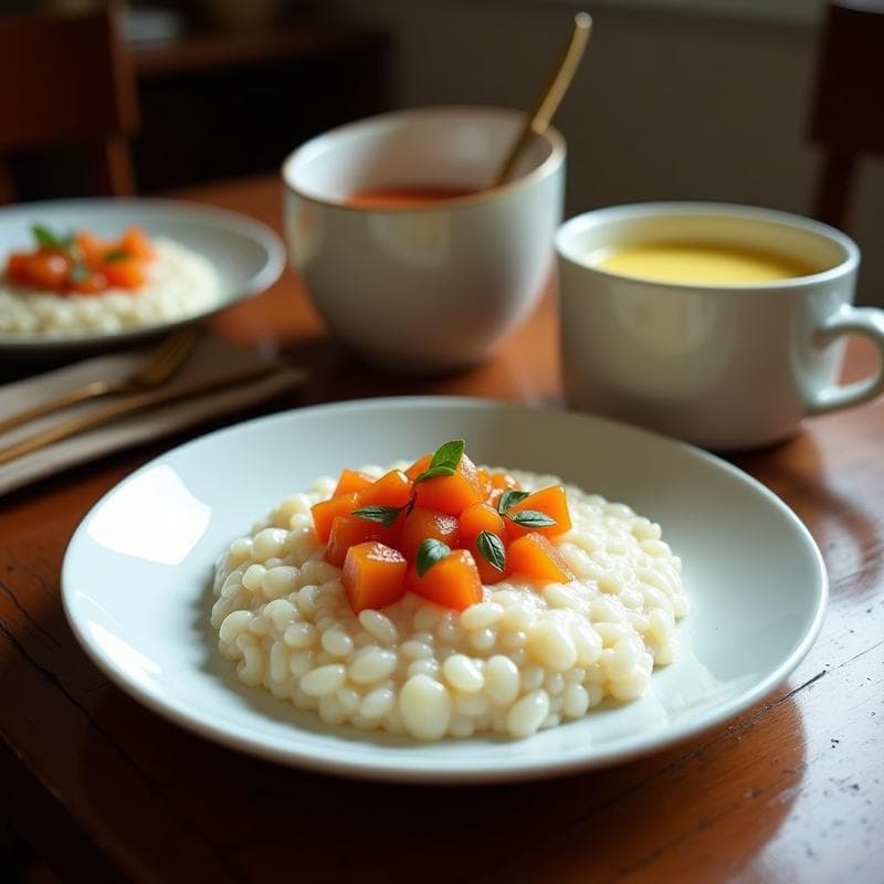 Bol de cerámica blanco con porridge de teff cremoso, cubierto de compota de lichi brillante y semillas de chía, acompañado de nueces picadas y un toque de canela, sobre fondo rústico de madera.