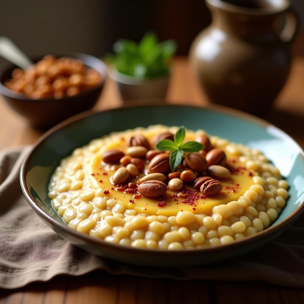 Cuenco de barro con porridge de teff cremoso, coronado con almendras fileteadas, nueces picadas y semillas de chía. El plato emana un color dorado terroso, contrastado con el verde de hojas de menta fresca. Fondos borrosos de ingredientes como limón y jengibre, destacando la receta de porridge de teff con leche de tigre y frutos secos.