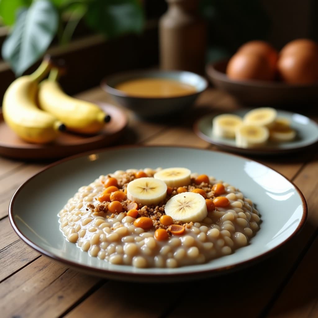 Bol de cerámica blanca con porridge de trigo negro cremoso, cubierto con rodajas de plátano macho dorado, semillas de chía, nueces pecanas y un hilo de miel de agave. Fondo con textura de madera rústica y una cuchara de madera sumergida en el porridge.