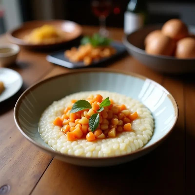 Bol de cerámica blanca con porridge cremoso de trigo sarraceno, coronado con compota de ciruelas umeboshi de color rojo oscuro, espolvoreado con canela y nueces picadas. Fondo de madera rústica y cuchara de madera.