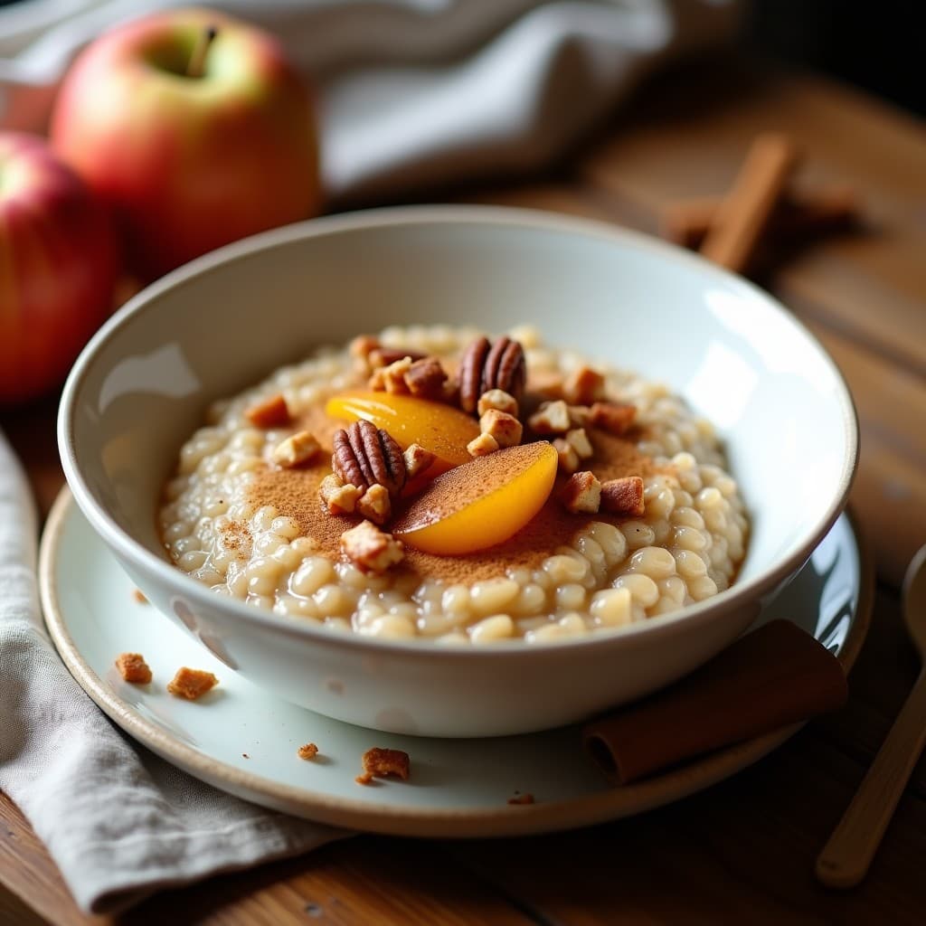 Bol hondo de cerámica blanca con porridge cremoso de trigo sarraceno, cubierto con compota dorada de manzana Fuji y nueces pecanas tostadas en trozos. Fondo rústico con cuchara de madera y pizca de canela espolvoreada. Desayuno sin gluten y keto.