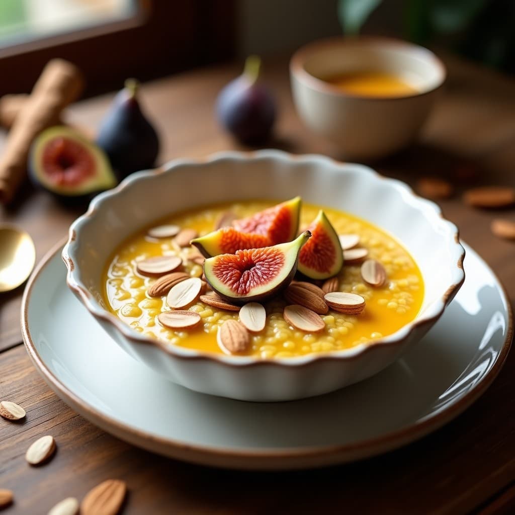 Bol de cerámica blanca con porridge cremoso de trigo sarraceno de color dorado, coronado con higos frescos cortados en cuartos, almendras fileteadas tostadas y un hilo de miel de agave. Fondo rústico con especias de cúrcuma y canela esparcidas.