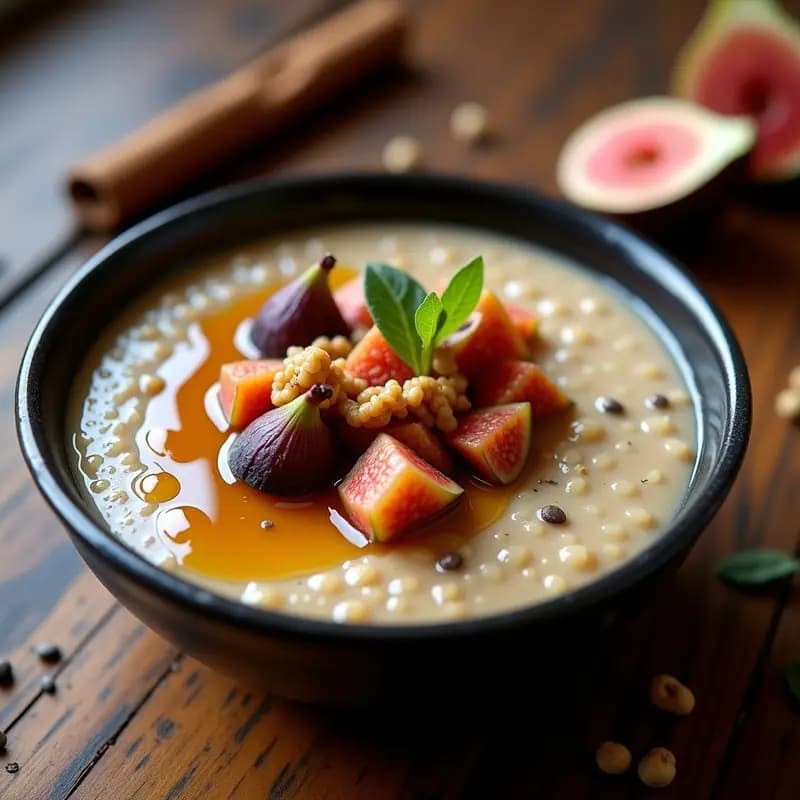 Bol hondo de cerámica negra con porridge cremoso de trigo sarraceno, cubierto con compota brillante de higos troceados, nueces doradas y un hilo de miel. Fondo rústico con una ramita de canela y semillas de chía esparcidas. Receta rusa sin gluten y energética.