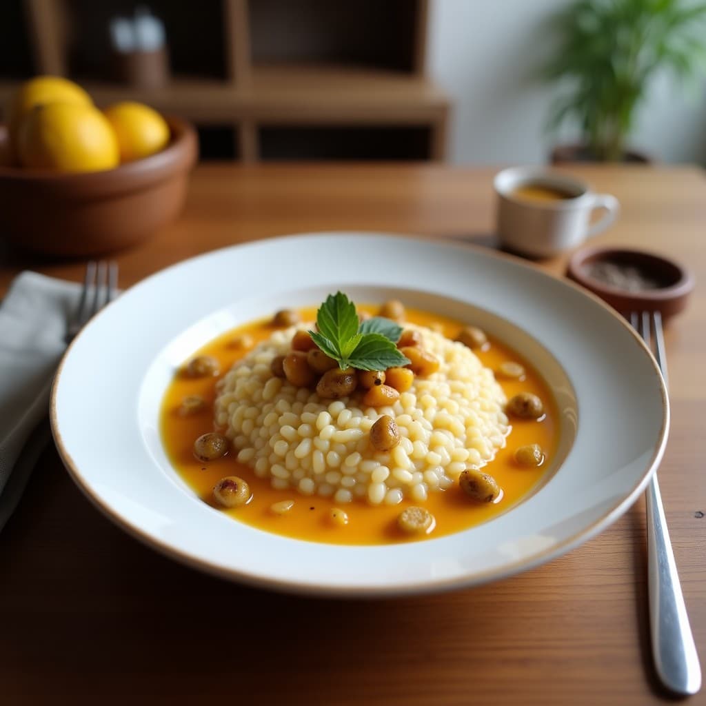Bol de cerámica blanca con porridge cremoso de triticale, cubierto con compota de higos chumbos de color vibrante y decorado con semillas de chía y nueces pecanas. Plato de desayuno sin lactosa y rico en fibra, servido sobre una mesa de madera rústica con una cuchara de madera.