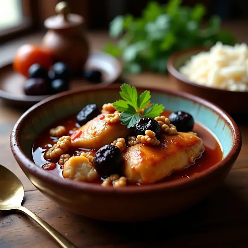 Portegale de pollo con ciruelas y nueces en olla exprés: muslos de pollo dorados estofados con ciruelas pasas, nueces tostadas y especias, servido en plato hondo de barro con cilantro fresco.