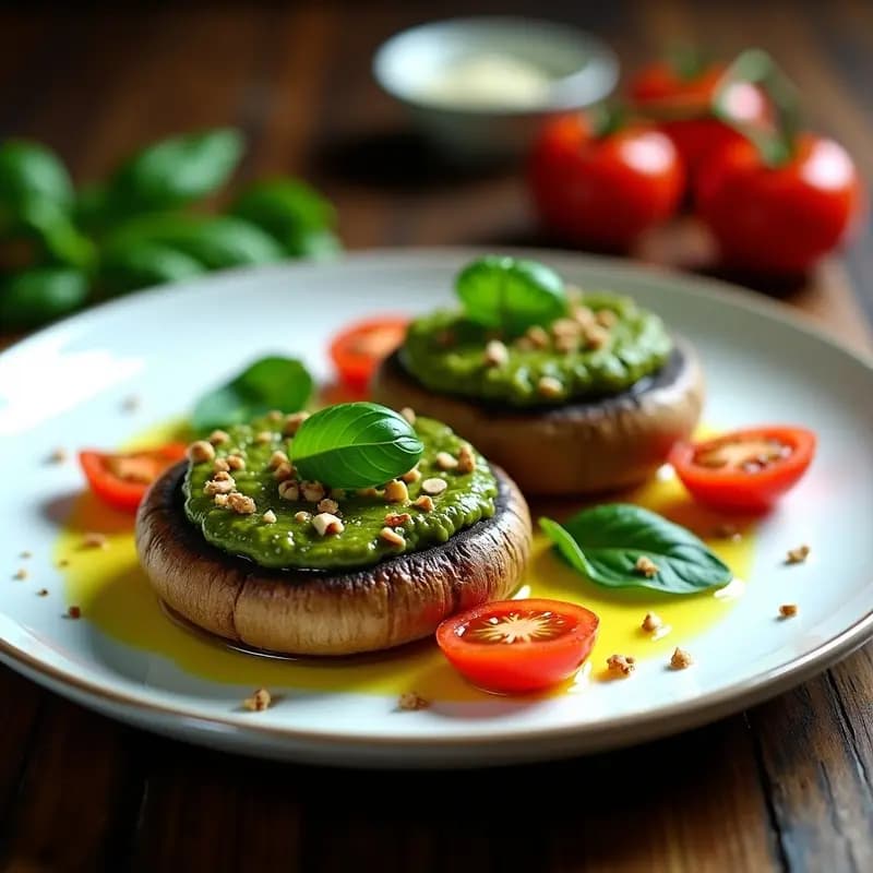 Plato blanco con dos hongos Portobello al horno rellenos de pesto verde de albahaca y piñones, acompañados de tomates cherry asados y espinacas baby, receta keto italiana sin carbohidratos.