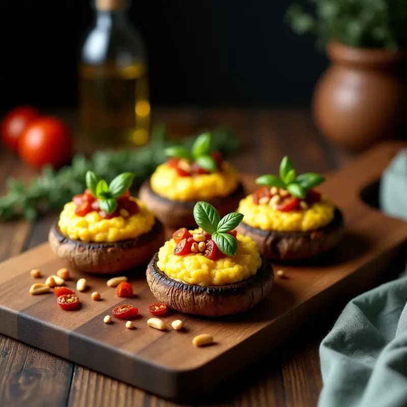 Portobello al horno relleno de polenta cremosa y tomates secos, decorado con albahaca fresca y piñones tostados sobre una bandeja rústica de madera, con un chorrito de vinagre balsámico brillante.