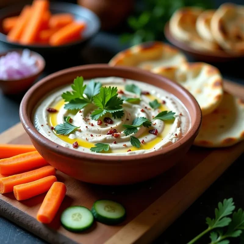 Cuenco de cerámica blanca con Posto de berenjena asada y yogur griego, dip frío y cremoso de color beige claro, decorado con semillas de comino negro, cilantro fresco y un hilo de aceite de mostaza. Acompañado de pan naan y bastones de apio sobre una mesa de madera rústica con especias bangladesíes al fondo.