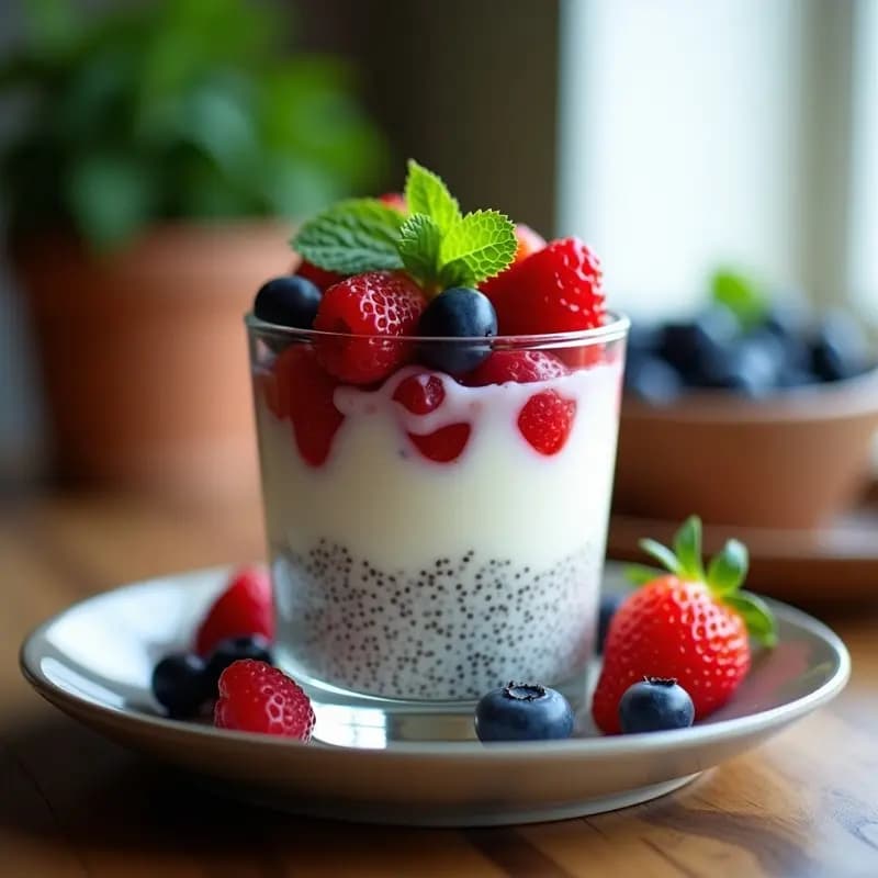 Vaso transparente con capas de pudín de chía cremoso, leches de tigre y coco, coronado con frutos rojos frescos, hojas de menta y un hilo de miel. Receta de postre de chía con leche de tigre y frutos rojos, superalimento peruano saludable.